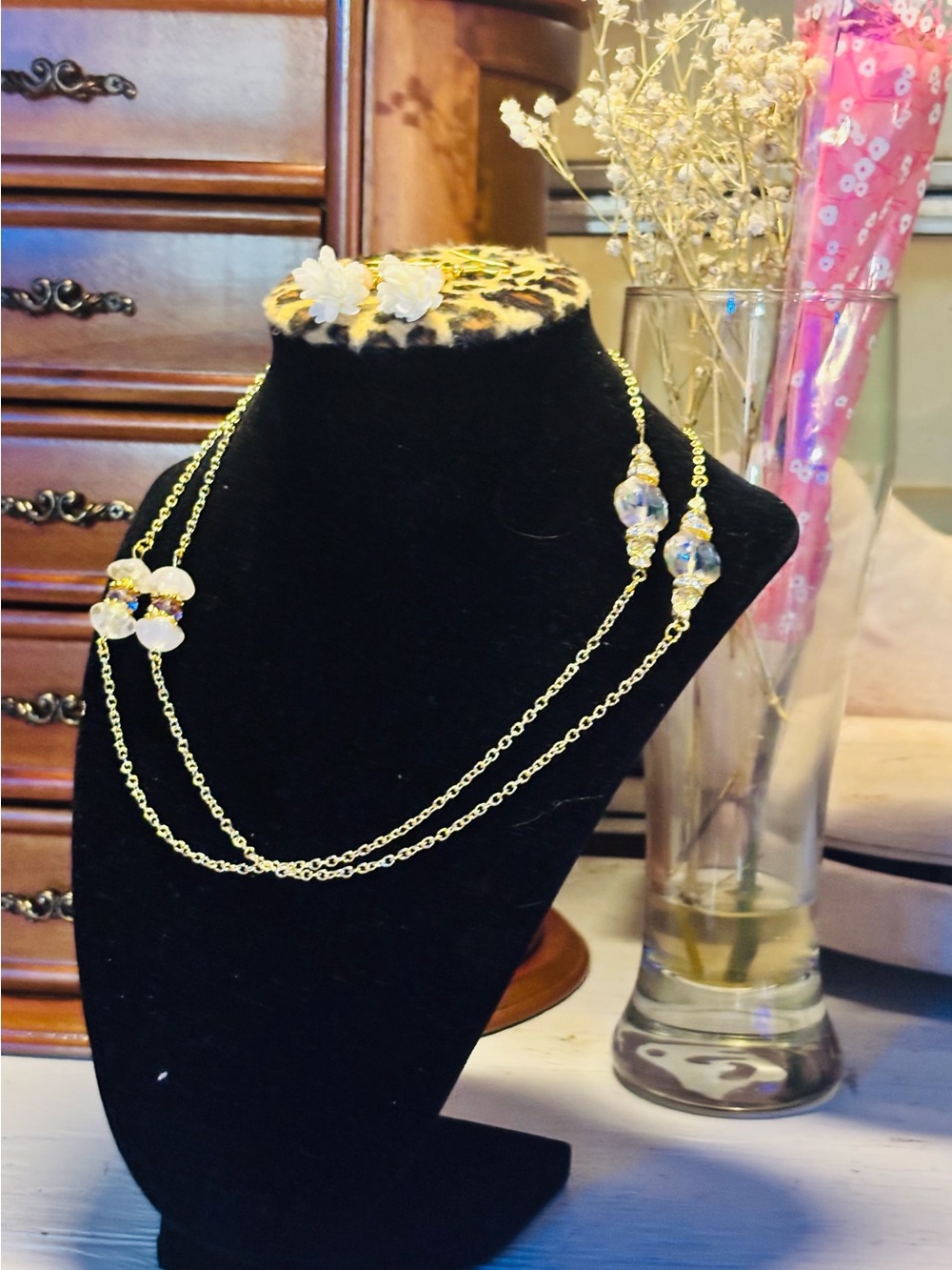Hand Crafted Gold Double-Strand Necklace with Clear Crystal Drops